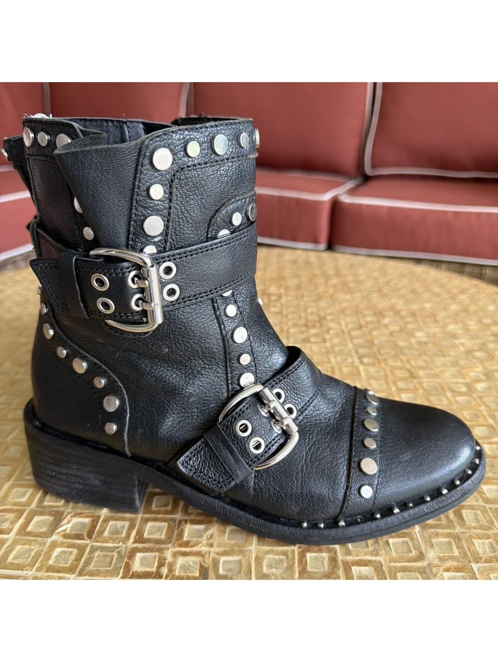 Sam Edelman Womens Drea Black Leather Studded Side Zip Moto Boots Size US 7